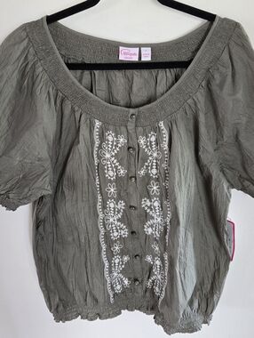 Pappagallo Peasant Blouse Womens 1X NWT Olive Green Boho Embroidered Crinkle
